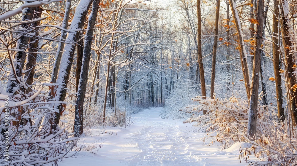 Snow-covered path through a tranquil forest in winter during early morning light Snow-covered path through a tranquil forest in winter during early morning light