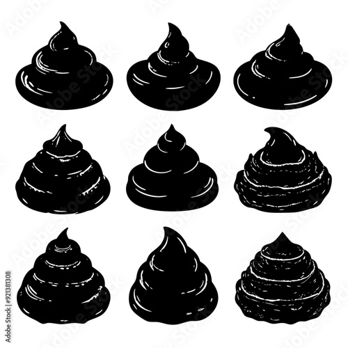 Silhouettes of various types of poop on a white background