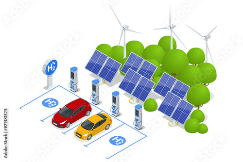 Isometric Hydrogen fuel car charging station with two dispensers for H2 vehicles. Hydrogen powered transportation. Green energy