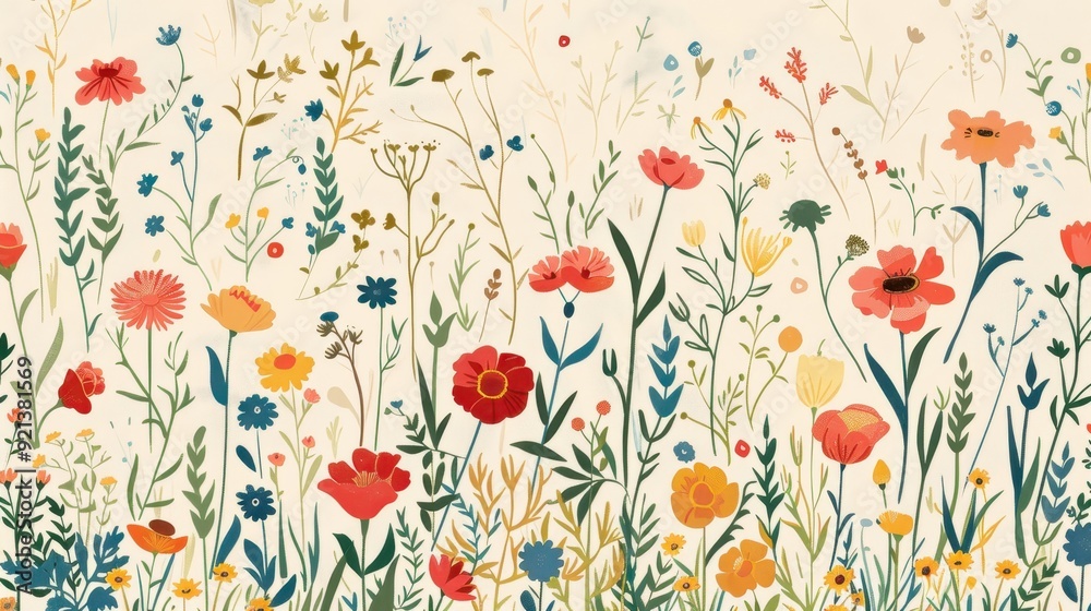 Fototapeta premium A colorful array of wildflowers blooms richly against a soft background, showcasing nature's beauty