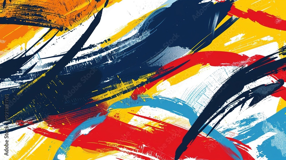 Fototapeta premium Abstract art featuring bold brush strokes in red, yellow, blue, and black on a textured background