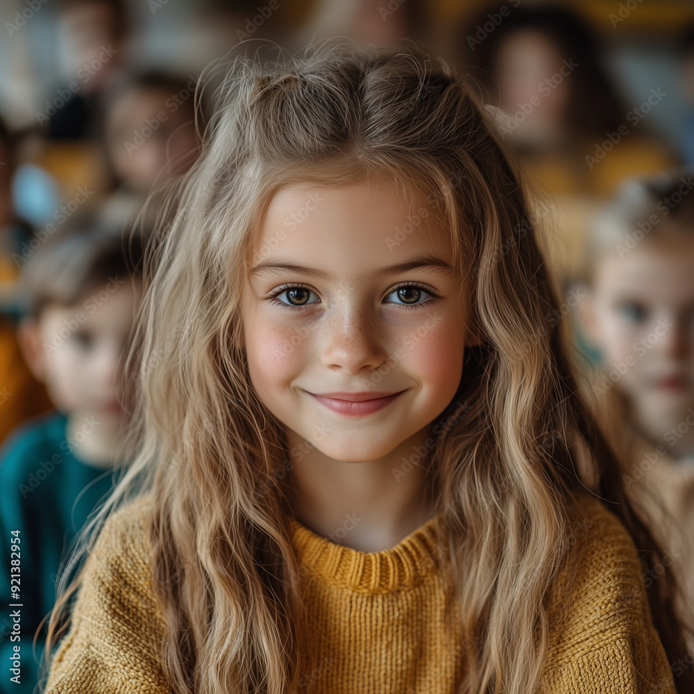 A girl with long blonde hair is smiling at the camera. She is wearing a yellow sweater and is surrounded by other children A girl with long blonde hair is smiling at the camera. She is wearing a yellow sweater and is surrounded by other children