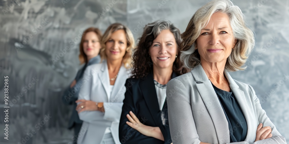 Obraz premium Four women in suits are posing for a photo. They are all smiling and looking at the camera. Scene is professional and confident
