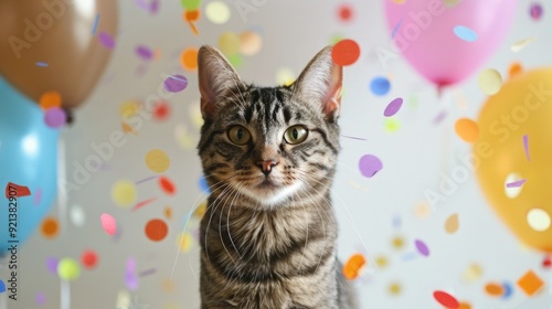 happy birthday day. cat, kitten with with surrounded by vibrant balloons and confetti. Bright, festive atmosphere.