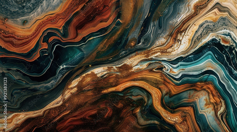 Obraz premium Swirling abstract patterns in rich earth tones and deep blues on a textured background