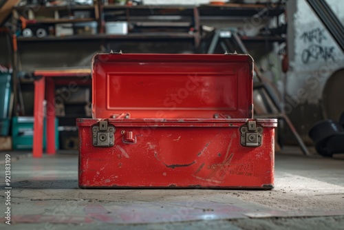 A vibrant, empty red toolbox is prominently displayed, open and ready for use, resting on a clean garage floor, evoking the anticipation of a busy workday ahead