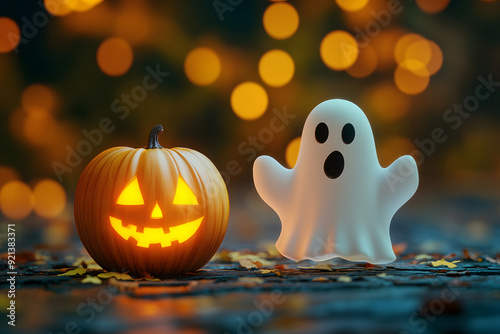 Halloween pumpkin and ghost on a black background photo