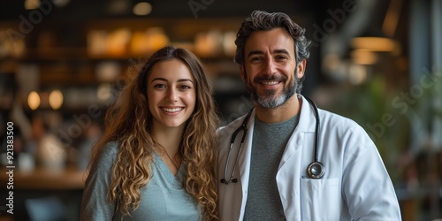 A man and a woman are posing for a picture in a restaurant. The woman is wearing a blue shirt and the man is wearing a white lab coat. Scene is lighthearted and friendly, as the couple is smiling