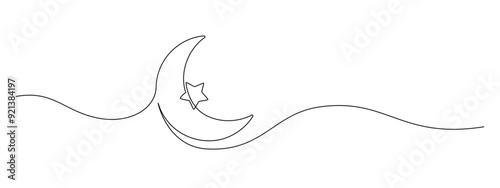One continuous line drawing of Moon with star. Ramadan Kareem banner in simple linear style. Sleep and night symbol with crescent in Editable stroke. Doodle contour vector illustration