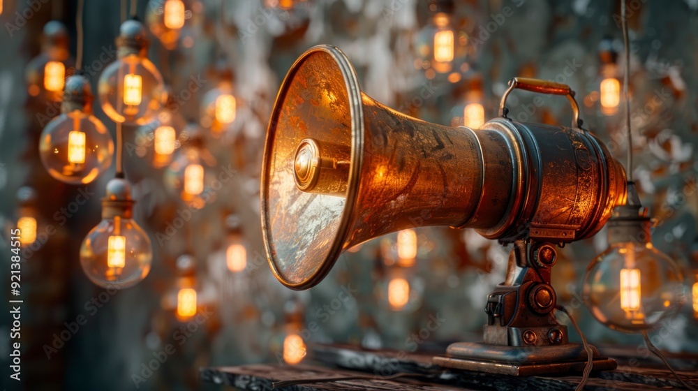 Megaphone with lightbulbs and ideas, symbolizing innovative communication and creativity. Megaphone with lightbulbs and ideas, symbolizing innovative communication and creativity.