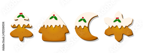 Christmas Gingerbread Cookie. Set of winter sweet glazed biscuits in the form of different characters and holiday items isolated on white background. Cute Cartoon vector illustration