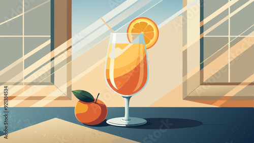 Bright orange cocktail on a sunlit table with fresh fruit