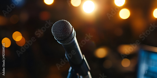 Microphone Close-Up with Blurred Bright Lights Background