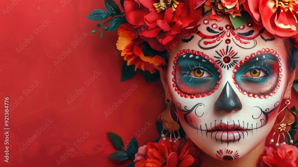 girl with makeup for Day of the Dead, featuring vibrant colors and a floral headpiece. Mexican culture, celebration girl with makeup for Day of the Dead, featuring vibrant colors and a floral headpiece. Mexican culture, celebration