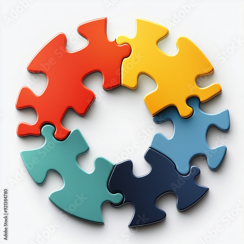 A puzzle piece with a blue and green piece in the middle. The other pieces are red, yellow, and blue