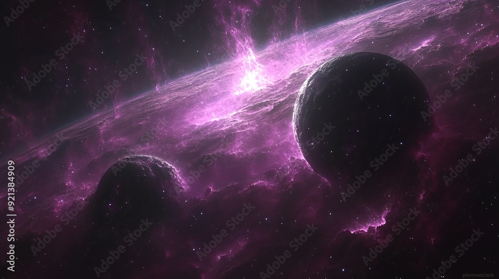 Two planets in space, one purple and the other black with nebulae ...