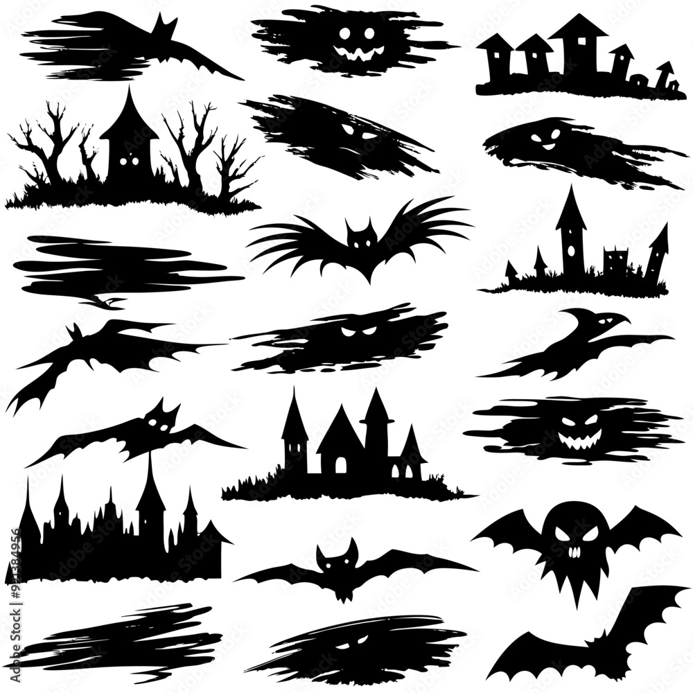 Fototapeta premium Silhouettes of bats, castles, trees, and houses for Halloween
