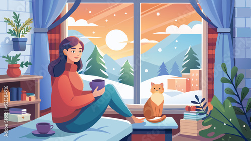 Woman with a cup and a cat by the window during winter sunrise