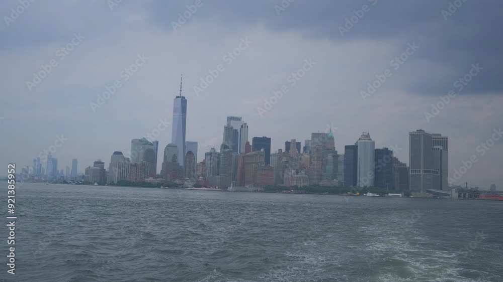 Stunning view of NYC skyline from water, showcasing vibrant city life Stunning view of NYC skyline from water, showcasing vibrant city life