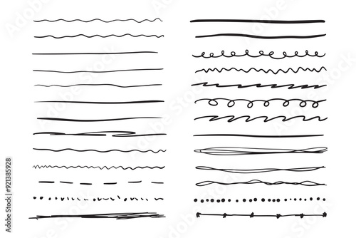 Marker hand drawn line border set and scribble design elements. Hand drawn grunge brush strokes. Set wavy horizontal lines. Set of art brushes for pen. 