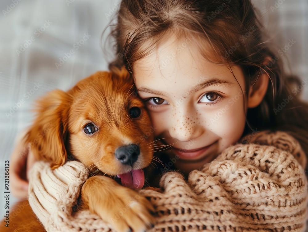 Young girl hugs puppy celebrating special day Young girl hugs puppy celebrating special day