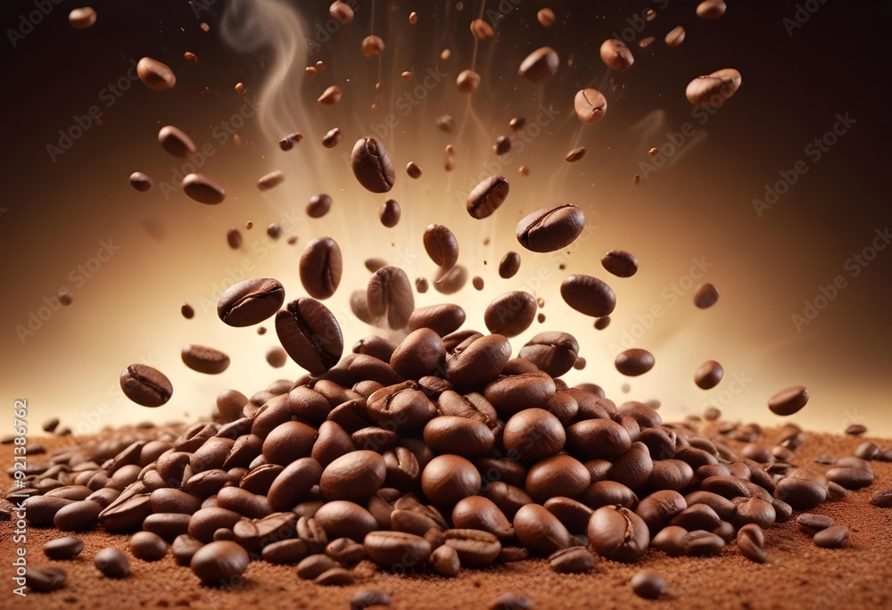 Obraz premium Close-up of scattered coffee beans column falling onto a perfectly arranged bed of roasted coffee beans, revealing textures and shapes