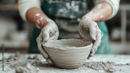 Hands covered in clay are skillfully shaping a bowl on the potter's wheel, capturing the essence of handmade pottery making in a busy, artistic studio environment. photo