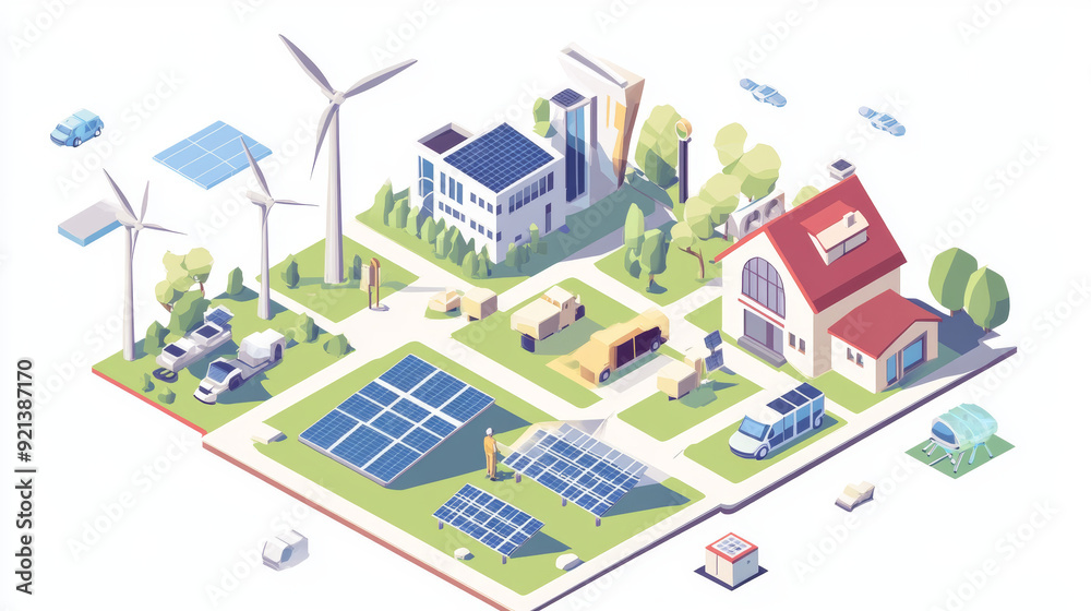 Alternative energy sources like windmills, solar panels, and electric vehicles are shown in this image. These green energy sources are depicted in an isometric style on a white background. Alternative energy sources like windmills, solar panels, and electric vehicles are shown in this image. These green energy sources are depicted in an isometric style on a white background.