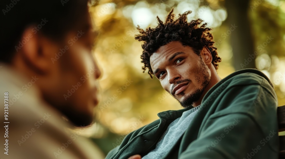 A serene image of two people engaging in conversation on a bench in a tranquil park, surrounded by nature, depicting a peaceful and reflective moment. A serene image of two people engaging in conversation on a bench in a tranquil park, surrounded by nature, depicting a peaceful and reflective moment.