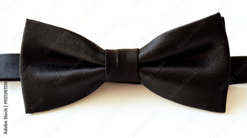 A black bow tie is placed on a white background.