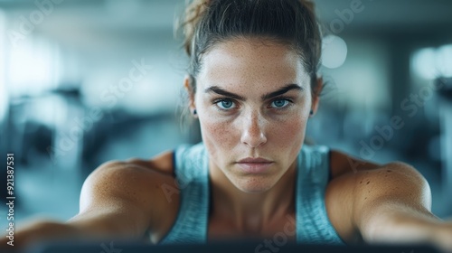 An athletic woman concentrates intensely as she exercises in a modern gym, reflecting determination, strength, and focus. Her intense gaze embodies sheer dedication. photo