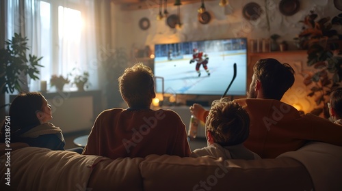 Group of fans are watching a hockey moment on the TV and celebrating a goal,