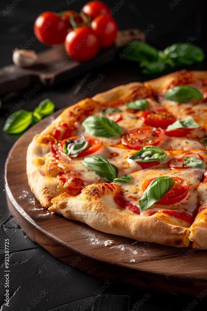 Appetizing cheese pizza featuring juicy tomatoes and fragrant herbs, laid out on a wooden table in a homely kitchen. A true taste of Italian food from a restaurant. Appetizing cheese pizza featuring juicy tomatoes and fragrant herbs, laid out on a wooden table in a homely kitchen. A true taste of Italian food from a restaurant.