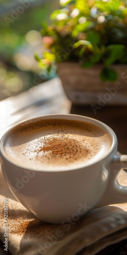 Indulge in the rich aroma of a hot coffee latte, featuring delicate milk foam art, served in a cozy mug—a delightful accompaniment to a productive work session at the local coffee shop.