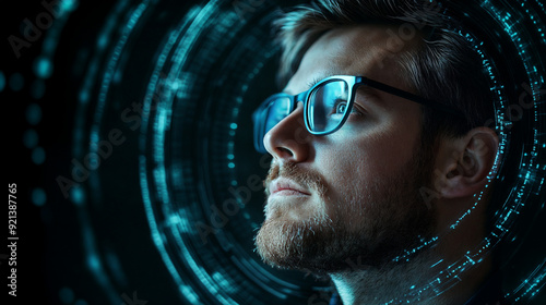 male, Caucasian, cybersecurity professional with expertise in data security, featuring a swirling digital encryption effect, with a solid black background, with copy space, editorial photography