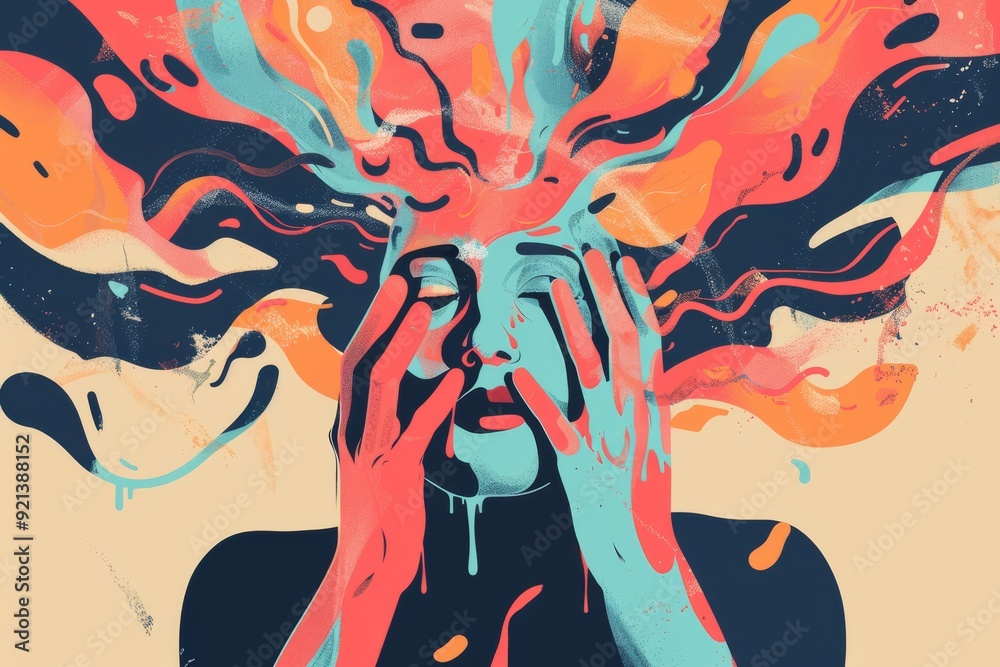 A surreal and thought-provoking illustration of a woman with her head in her hands, depicting the overwhelming feelings and mental strain associated with stress and anxiety A surreal and thought-provoking illustration of a woman with her head in her hands, depicting the overwhelming feelings and mental strain associated with stress and anxiety