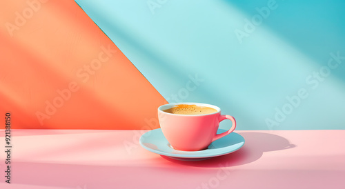 professional food photography: cup of coffe, soft pastel, lots of copy space