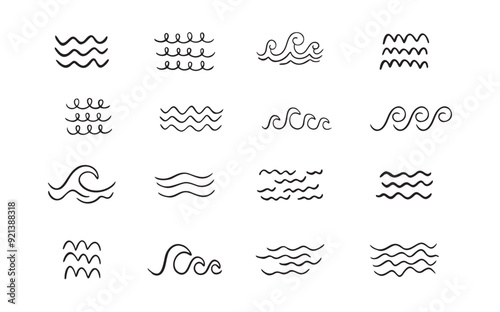 Doodle sea wave icons. Sea hand drawn storm scribble icons set, simple wavy lines. Ocean water flow curve sketch. Aqua doodle symbols. isolated on white background.