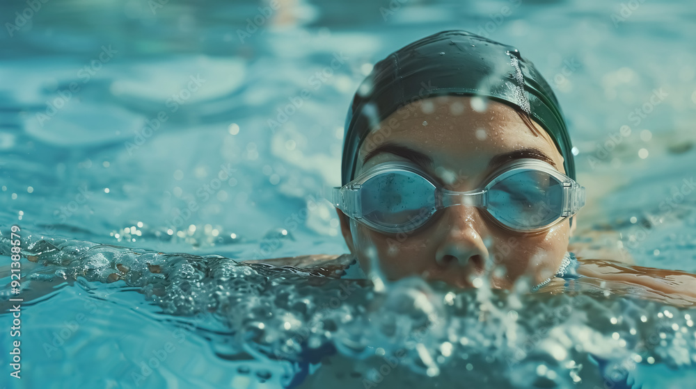 Naklejka premium Female swimmer wearing a hat and goggles, training in a swimming pool.