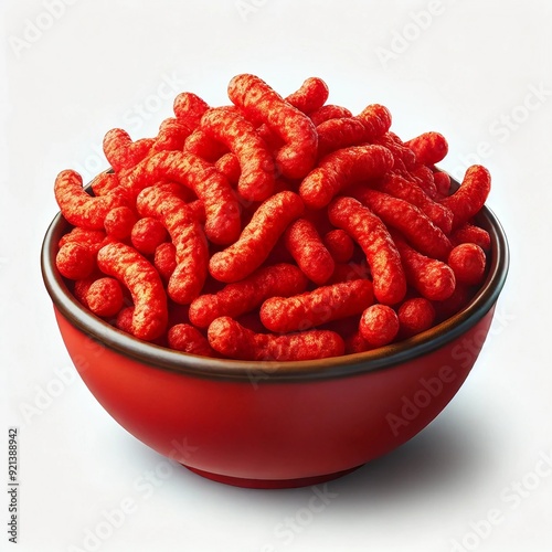 A bowl filled with Hot Cheetos, isolated on a white background. 