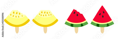 Set Watermelon and Melon Ice Cream on a wooden stick. Bite off triangular piece of summer fruit with seeds in doodle style. Sweet lollipop. Cut slice of food. Vector illustration