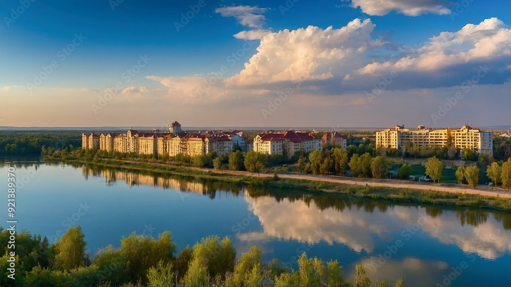 A row of residential buildings reflected in a calm river under a blue sky with soft, golden sunlight at dusk. A row of residential buildings reflected in a calm river under a blue sky with soft, golden sunlight at dusk.