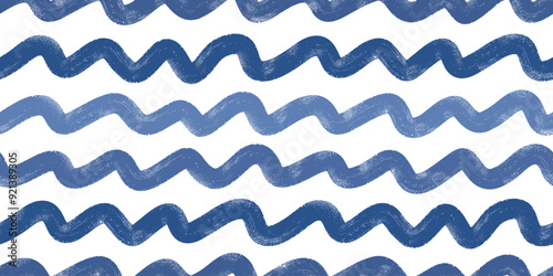 Abstract bold brush strokes. Grunge sea waves vector seamless pattern. Hand drawn blue wavy lines for package, wallpaper, textile, fabric, background