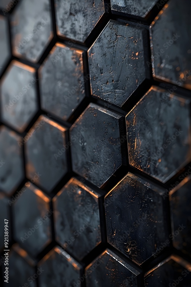Close-up of dark hexagonal tiles with rough metallic texture, subtly illuminated by warm ambient light, creating a striking visual contrast and depth. Close-up of dark hexagonal tiles with rough metallic texture, subtly illuminated by warm ambient light, creating a striking visual contrast and depth.