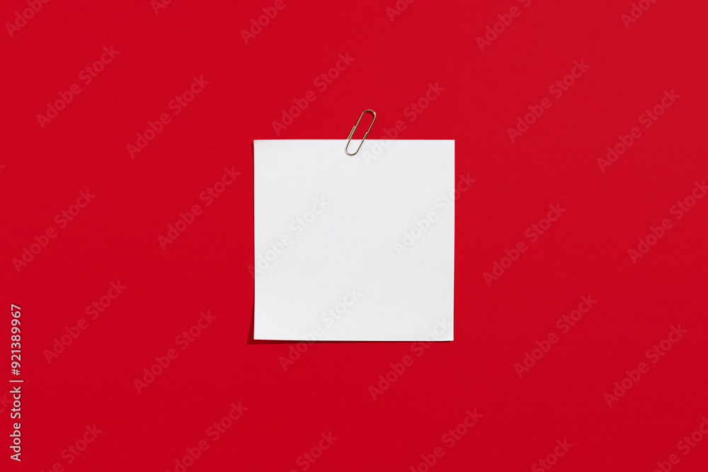 Empty white paper sheet for notes with clip on a red background. Office and school supplies on a red background. Back to school concept Empty white paper sheet for notes with clip on a red background. Office and school supplies on a red background. Back to school concept