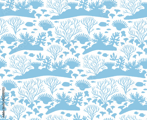 Underwater world landscape cute seamless pattern. Silhouette illustration. Sea or ocean bottom wildlife for decoration, fabric, postcard. Marine life wallpaper with corals, fish and seaweed.