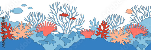 Underwater world landscape cute seamless border. Retro illustration. Sea ocean bottom wildlife on white background. Marine life scene horizontal banner with corals fish and seaweed. Editable stroke.