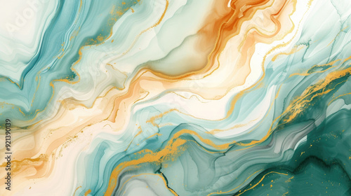 Abstract Watercolor Liquid Marble Painting Texture Background with Fluid Swirls Waves in Teal, Turquoise, Cream, and Gold – Wavy Luxurious Creative Backdrop, Bright Elegant Modern Decorative Design