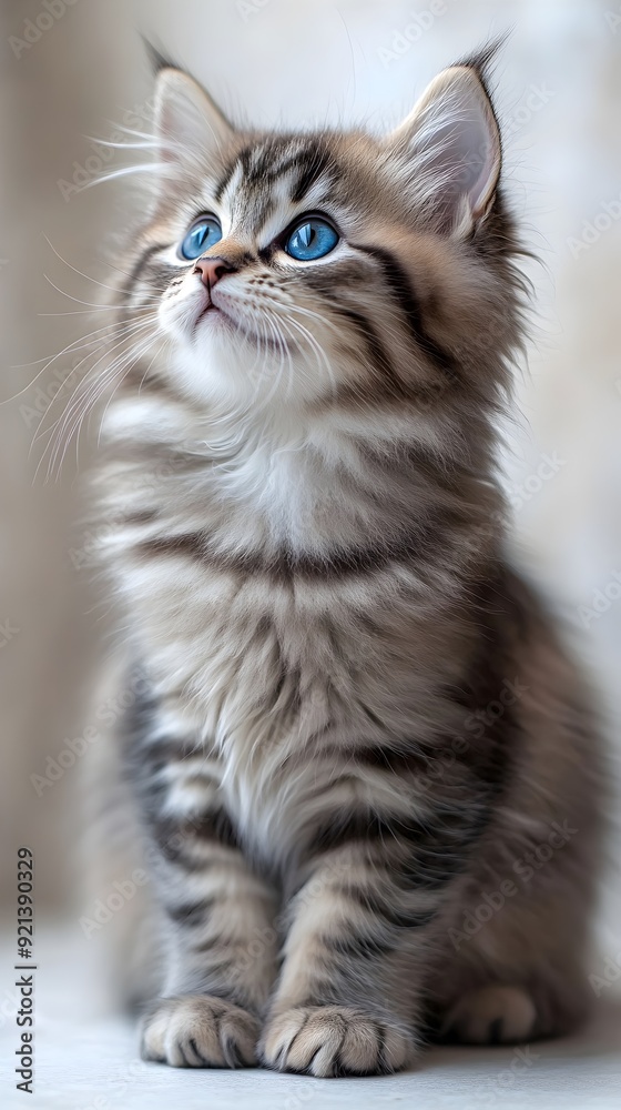 Adorable kitten with fluffy fur and striking blue eyes, looking upward, detailed fur patterns and delicate whiskers, soft light highlights the kitten's gentle and curious expression Adorable kitten with fluffy fur and striking blue eyes, looking upward, detailed fur patterns and delicate whiskers, soft light highlights the kitten's gentle and curious expression