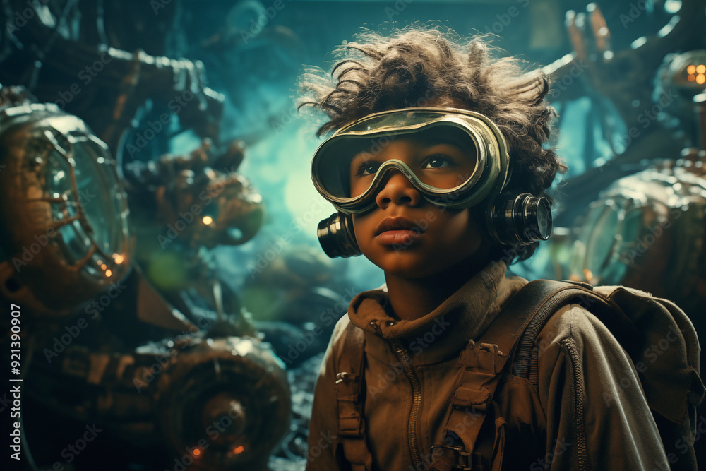 Young African American Boy wearing goggles in a fantasy world Young African American Boy wearing goggles in a fantasy world